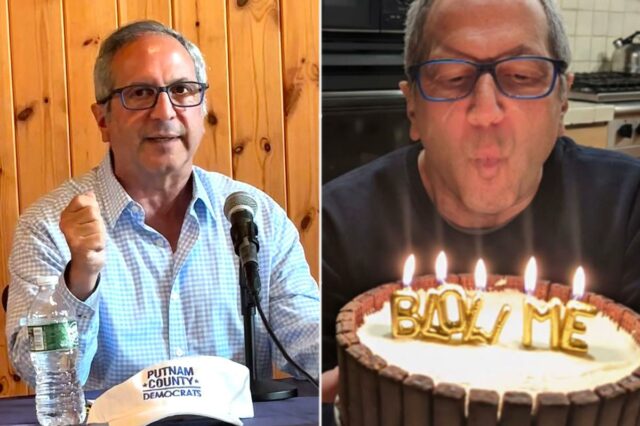 Peter Chatzky soprando velas de aniversário que soletram 