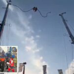 Momento aterrorizante de passeio de estilingue no ar em feira espanhola