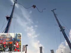 Momento aterrorizante de passeio de estilingue no ar em feira espanhola Momento aterrorizante de passeio de estilingue no ar em feira espanhola