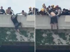 Momento de parar o coração, equipes de resgate atacam homem que tentava pular do viaduto de Los Angeles Momento de parar o coração, equipes de resgate atacam homem que tentava pular do viaduto de Los Angeles