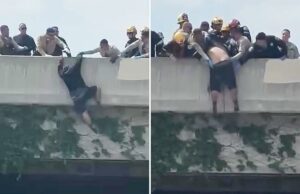 Momento de parar o coração, equipes de resgate atacam homem que tentava pular do viaduto de Los Angeles Momento de parar o coração, equipes de resgate atacam homem que tentava pular do viaduto de Los Angeles