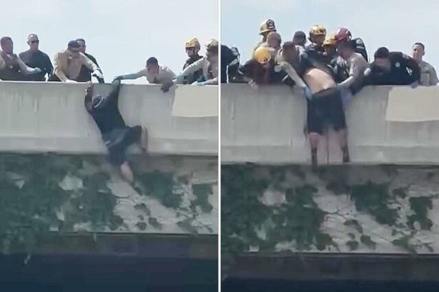 Momento de parar o coração, equipes de resgate atacam homem que tentava pular do viaduto de Los Angeles
