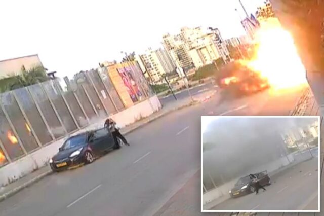Imagens de CCTV mostram uma poderosa explosão perto de uma mulher ao lado de seu carro em Petah Tikva, Israel.