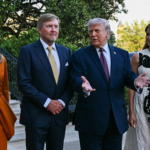 King of the Netherlands Willem-Alexander (C-L) and Queen Maxima (L) are welcomed by US President Donald Trump and First Lady Melania Trump into the White House in Washington, DC, on April 13, 2026.