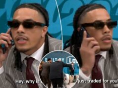 Momento humilhante do draft da NFL dos Steelers revelado quando novo vídeo mostra Makai Lemon roubado no meio de uma ligação com o GM Um homem de terno listrado e óculos escuros fala ao telefone, dizendo