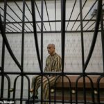 Atef Najib, vestindo um uniforme de prisão listrado, sentou-se aparentemente sem emoção no domingo em uma jaula em um tribunal no Palácio Central da Justiça, na capital da Síria, Damasco.