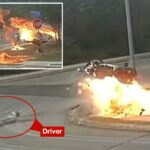 Motociclista colidiu com uma explosão de chamas.