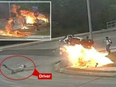 Motocicleta derrapa para fora da estrada e explode – crianças da escola desaparecem por pouco – em vídeo insano Motociclista colidiu com uma explosão de chamas.