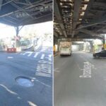 Vista da rua de uma estrada que cruza com a West 225th Street em Nova York, passando sob um trilho elevado de trem.