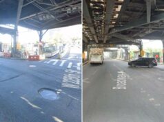 Mulher idosa em estado crítico depois que a van da Citi Bike bate em pedestres que atravessavam a rua de Nova York Vista da rua de uma estrada que cruza com a West 225th Street em Nova York, passando sob um trilho elevado de trem.