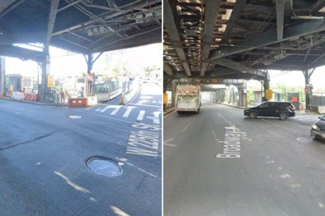Vista da rua de uma estrada que cruza com a West 225th Street em Nova York, passando sob um trilho elevado de trem.
