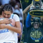 O guarda do UCLA Bruins, Kiki Rice (1), comemorando com o troféu após o jogo do Campeonato Nacional de Basquete Feminino da NCAA de 2026.