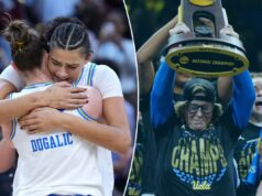 Mulheres da UCLA comemoram o campeonato de basquete da NCAA com fãs no Pauley Pavilion O guarda do UCLA Bruins, Kiki Rice (1), comemorando com o troféu após o jogo do Campeonato Nacional de Basquete Feminino da NCAA de 2026.