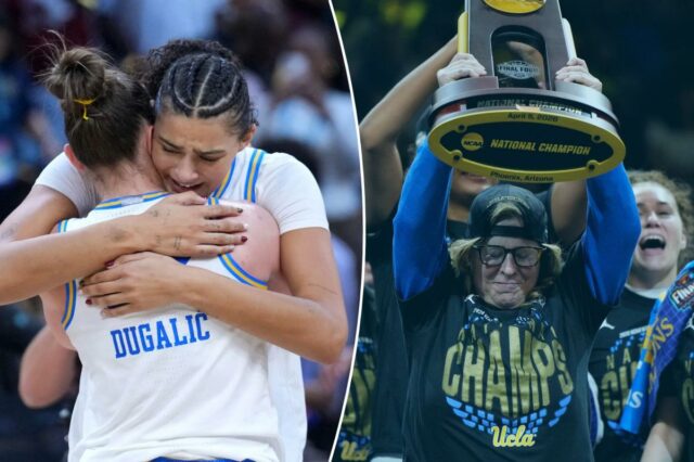 O guarda do UCLA Bruins, Kiki Rice (1), comemorando com o troféu após o jogo do Campeonato Nacional de Basquete Feminino da NCAA de 2026.