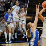 As jogadoras e funcionários do basquete feminino do UCLA Bruins comemoram nos bastidores.