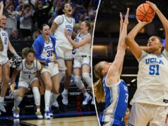 Mulheres da UCLA ignoram o tiro frio para vencer o Texas na Final Four As jogadoras e funcionários do basquete feminino do UCLA Bruins comemoram nos bastidores.