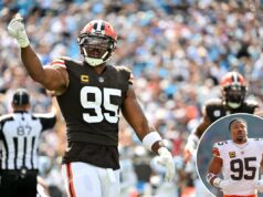 Myles Garrett custou US $ 1 milhão com uma curiosa decisão de treino fora de temporada dos Browns O jogador de futebol americano dos Browns, Myles Garrett, de uniforme e com os braços estendidos.