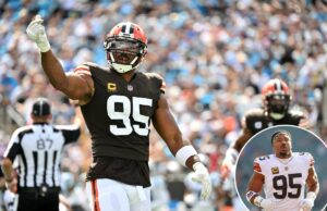 Myles Garrett custou US $ 1 milhão com uma curiosa decisão de treino fora de temporada dos Browns O jogador de futebol americano dos Browns, Myles Garrett, de uniforme e com os braços estendidos.