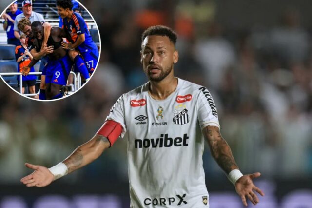 Neymar reagindo durante uma partida do campeonato brasileiro de futebol.