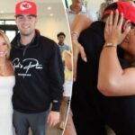 O ex-quarterback da LSU Garrett Nussmeier e sua namorada, Ella Springfield, depois que os Chiefs o selecionaram na 7ª rodada do draft de 2026 da NFL no sábado, 25 de abril de 2026.