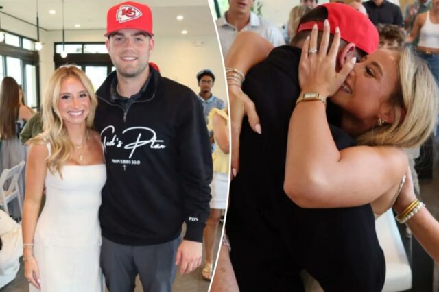 O ex-quarterback da LSU Garrett Nussmeier e sua namorada, Ella Springfield, depois que os Chiefs o selecionaram na 7ª rodada do draft de 2026 da NFL no sábado, 25 de abril de 2026. 