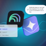 Logotipo do Google Gemini centralizado entre logotipos flutuantes do NotebookLM e rótulos de 'Notebook'