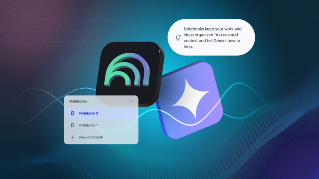 Logotipo do Google Gemini centralizado entre logotipos flutuantes do NotebookLM e rótulos de 'Notebook'