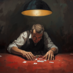 Um homem sentado sombriamente em uma mesa escura de cassino.