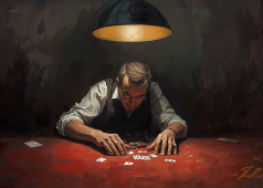 Nova York lança estudo de uma década sobre vício em jogos de azar e lacunas de apoio Um homem sentado sombriamente em uma mesa escura de cassino.