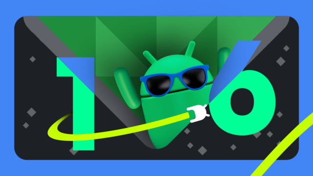 Logotipo do Android 16 no telefone Android mostrando aplicativos