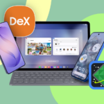 Tela exibindo uma interface de desktop do Android com um Google Pixel próximo a ele e alguns mascotes do Android em segundo plano