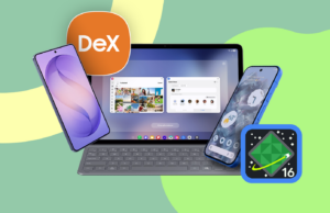 O Android 16 finalmente trouxe o modo Desktop para o Pixel, mas ainda continuo com o DeX Tela exibindo uma interface de desktop do Android com um Google Pixel próximo a ele e alguns mascotes do Android em segundo plano