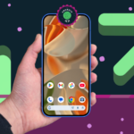 Tela do smartphone com o logotipo do Android 17 e um widget At a Glance mostrando um ícone de exclusão vermelho.