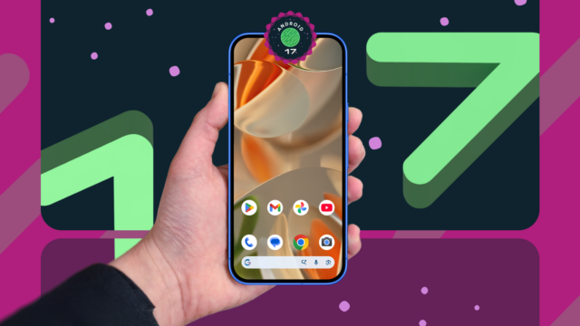 Tela do smartphone com o logotipo do Android 17 e um widget At a Glance mostrando um ícone de exclusão vermelho.