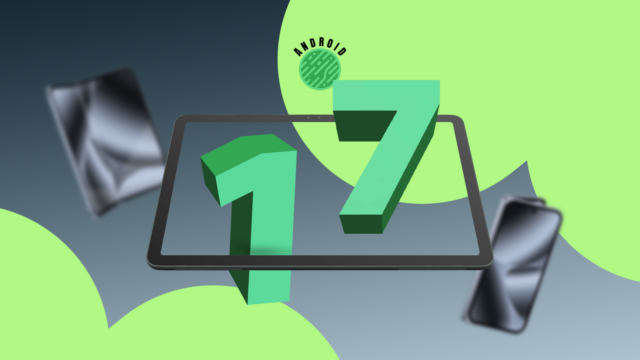 Uma mão segurando um smartphone exibindo uma tela inicial minimalista do Android 17.