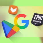 Mascote do Android olhando através de uma lupa atrás de um grande e colorido logotipo 3D da Google Play Store.