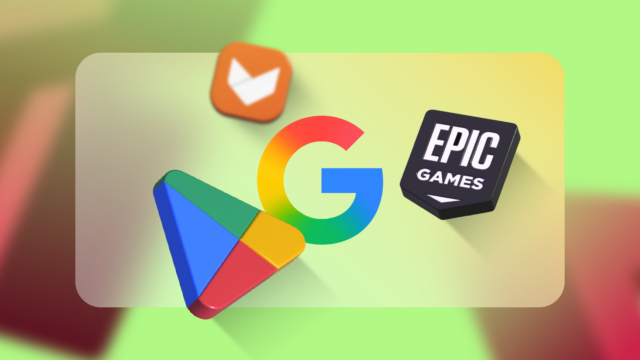 Mascote do Android olhando através de uma lupa atrás de um grande e colorido logotipo 3D da Google Play Store.