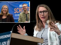 O Dem Rep lutou para ocultar os documentos do divórcio porque eles prejudicariam as chances eleitorais e causariam ‘danos irreparáveis à reputação’ Hillary Scholten e seu marido Jesse Holcomb diante de um banner de campanha.