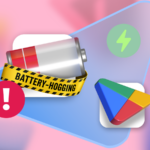 Um Pixel 8 com o app de bateria aberto apoiado na borda de uma mesa cinza