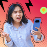 Mascote Android com uma lupa ao lado de um smartphone Samsung.