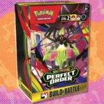 O Pokémon TCG: Mega Evolution — Perfect Order Build & Battle Box em um fundo branco