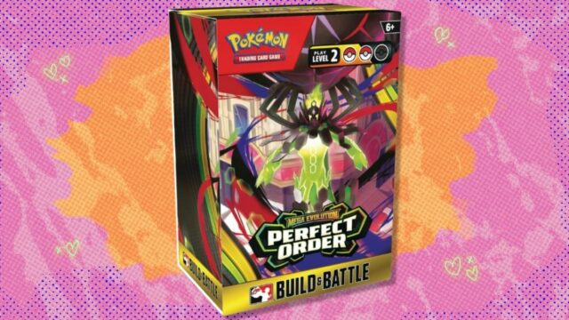 O Pokémon TCG: Mega Evolution — Perfect Order Build & Battle Box em um fundo branco