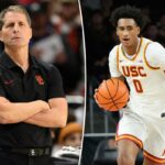 O guarda do sul da Califórnia, Alijah Arenas, driblando a bola de basquete durante um jogo de basquete universitário da NCAA contra o Indiana.