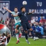 O meio-campista americano Weston McKennie (8) cabeceou na frente do zagueiro português Gonçalo Inácio (14).