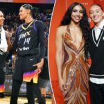 Alyssa Thomas #25 e DeWanna Bonner #14 do Phoenix Mercury sorriem após o jogo contra o Minnesota Lynx durante o jogo 3 das semifinais da WNBA em 26 de setembro de 2025 na PHX Arena.