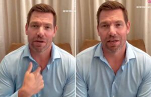 O deputado da Califórnia, Eric Swalwell, critica má conduta sexual e acusação de estupro contra ele – enquanto ele pede desculpas à esposa em novo vídeo Eric Swalwell com uma camisa de colarinho azul claro falando para a câmera, com a mão direita perto do peito.