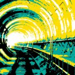 an illustration of an underground tunnel gong bending around a corner to the left using mostly green, yellow and black, with the light of the tunnel exit in the near distance