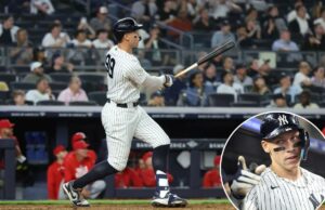 O escaldante Aaron Judge ultrapassa a lenda no livro dos recordes dos Yankees com uma noite de dois homers O defensor direito do New York Yankees, Aaron Judge #99, reage no banco de reservas depois de marcar em seu home run solo durante a 6ª entrada.