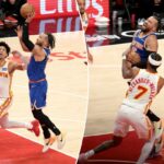 O guarda do Knicks, Jalen Brunson (11), sobe para um chute enquanto o atacante do Atlanta Hawks, Jalen Johnson (1), o persegue durante o quarto período.