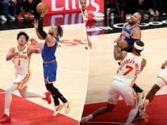 O estado do ataque dos Knicks está exaustivo Jalen Brunson O guarda do Knicks, Jalen Brunson (11), sobe para um chute enquanto o atacante do Atlanta Hawks, Jalen Johnson (1), o persegue durante o quarto período.